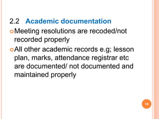 2.2 Academic documentation
Meeting resolutions are recoded/not
recorded properly
All other academic records e.g; lesson
plan, marks, attendance registrar etc
are documented/ not documented and
maintained properly
19
 