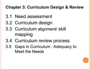 Chapter 3: Curriculum Design & Review
3.1 Need assessment
3.2 Curriculum design
3.3 Curriculum alignment/ skill
mapping
3.4 Curriculum review process
3.5 Gaps in Curriculum : Adequacy to
Meet the Needs
22
 