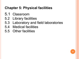 5.1 Classroom
5.2 Library facilities
5.3 Laboratory and field laboratories
5.4 Medical facilities
5.5 Other facilities
31
Chapter 5: Physical facilities
 