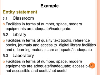 Example
Entity statement
5.1 Classroom
 Facilities in terms of number, space, modern
equipments are adequate/inadequate.
5.2 Library
 Facilities in terms of quality text books, reference
books, journals and access to digital library facilities
and e-learning materials are adequate/inadequate
5.3 Laboratory
 Facilities in terms of number, space, modern
equipments are adequate/inadequate; accessible/
not accessible and useful/not useful
32
 