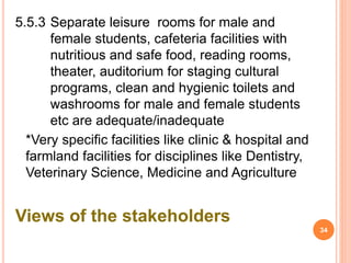5.5.3 Separate leisure rooms for male and
female students, cafeteria facilities with
nutritious and safe food, reading rooms,
theater, auditorium for staging cultural
programs, clean and hygienic toilets and
washrooms for male and female students
etc are adequate/inadequate
*Very specific facilities like clinic & hospital and
farmland facilities for disciplines like Dentistry,
Veterinary Science, Medicine and Agriculture
Views of the stakeholders
34
 
