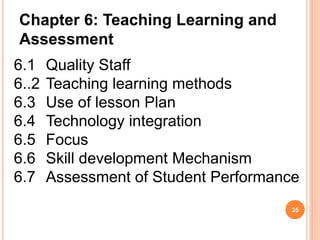 Chapter 6: Teaching Learning and
Assessment
6.1 Quality Staff
6..2 Teaching learning methods
6.3 Use of lesson Plan
6.4 Technology integration
6.5 Focus
6.6 Skill development Mechanism
6.7 Assessment of Student Performance
35
 