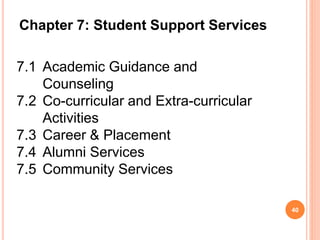 Chapter 7: Student Support Services
7.1 Academic Guidance and
Counseling
7.2 Co-curricular and Extra-curricular
Activities
7.3 Career & Placement
7.4 Alumni Services
7.5 Community Services
40
 