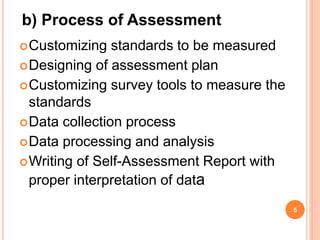 Customizing standards to be measured
Designing of assessment plan
Customizing survey tools to measure the
standards
Data collection process
Data processing and analysis
Writing of Self-Assessment Report with
proper interpretation of data
5
b) Process of Assessment
 