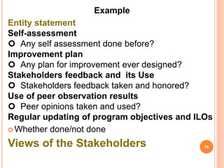 Example
Entity statement
Self-assessment
 Any self assessment done before?
Improvement plan
 Any plan for improvement ever designed?
Stakeholders feedback and its Use
 Stakeholders feedback taken and honored?
Use of peer observation results
 Peer opinions taken and used?
Regular updating of program objectives and ILOs
 Whether done/not done
Views of the Stakeholders 50
 