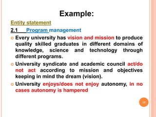 Example:
Entity statement
2.1 Program management
 Every university has vision and mission to produce
quality skilled graduates in different domains of
knowledge, science and technology through
different programs.
 University syndicate and academic council act/do
not act according to mission and objectives
keeping in mind the dream (vision).
 University enjoys/does not enjoy autonomy, in no
cases autonomy is hampered
15
 