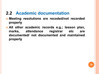2.2 Academic documentation
 Meeting resolutions are recoded/not recorded
properly
 All other academic records e.g.; lesson plan,
marks, attendance registrar etc are
documented/ not documented and maintained
properly
19
 