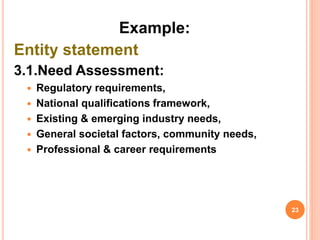 Example:
Entity statement
3.1.Need Assessment:
 Regulatory requirements,
 National qualifications framework,
 Existing & emerging industry needs,
 General societal factors, community needs,
 Professional & career requirements
23
 