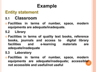 Example
Entity statement
5.1 Classroom
 Facilities in terms of number, space, modern
equipments are adequate/inadequate.
5.2 Library
 Facilities in terms of quality text books, reference
books, journals and access to digital library
facilities and e-learning materials are
adequate/inadequate
5.3 Laboratory
 Facilities in terms of number, space, modern
equipments are adequate/inadequate; accessible/
not accessible and useful/not useful
32
 