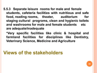 5.5.3 Separate leisure rooms for male and female
students, cafeteria facilities with nutritious and safe
food, reading rooms, theater, auditorium for
staging cultural programs, clean and hygienic toilets
and washrooms for male and female students etc
are adequate/inadequate
*Very specific facilities like clinic & hospital and
farmland facilities for disciplines like Dentistry,
Veterinary Science, Medicine and Agriculture
Views of the stakeholders
34
 