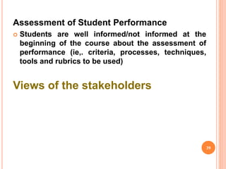 Assessment of Student Performance
 Students are well informed/not informed at the
beginning of the course about the assessment of
performance (ie,. criteria, processes, techniques,
tools and rubrics to be used)
Views of the stakeholders
39
 
