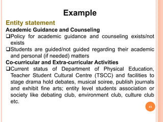 Example
Entity statement
Academic Guidance and Counseling
Policy for academic guidance and counseling exists/not
exists
Students are guided/not guided regarding their academic
and personal (if needed) matters
Co-curricular and Extra-curricular Activities
Current status of Department of Physical Education,
Teacher Student Cultural Centre (TSCC) and facilities to
stage drama hold debates, musical soiree, publish journals
and exhibit fine arts; entity level students association or
society like debating club, environment club, culture club
etc.
41
 