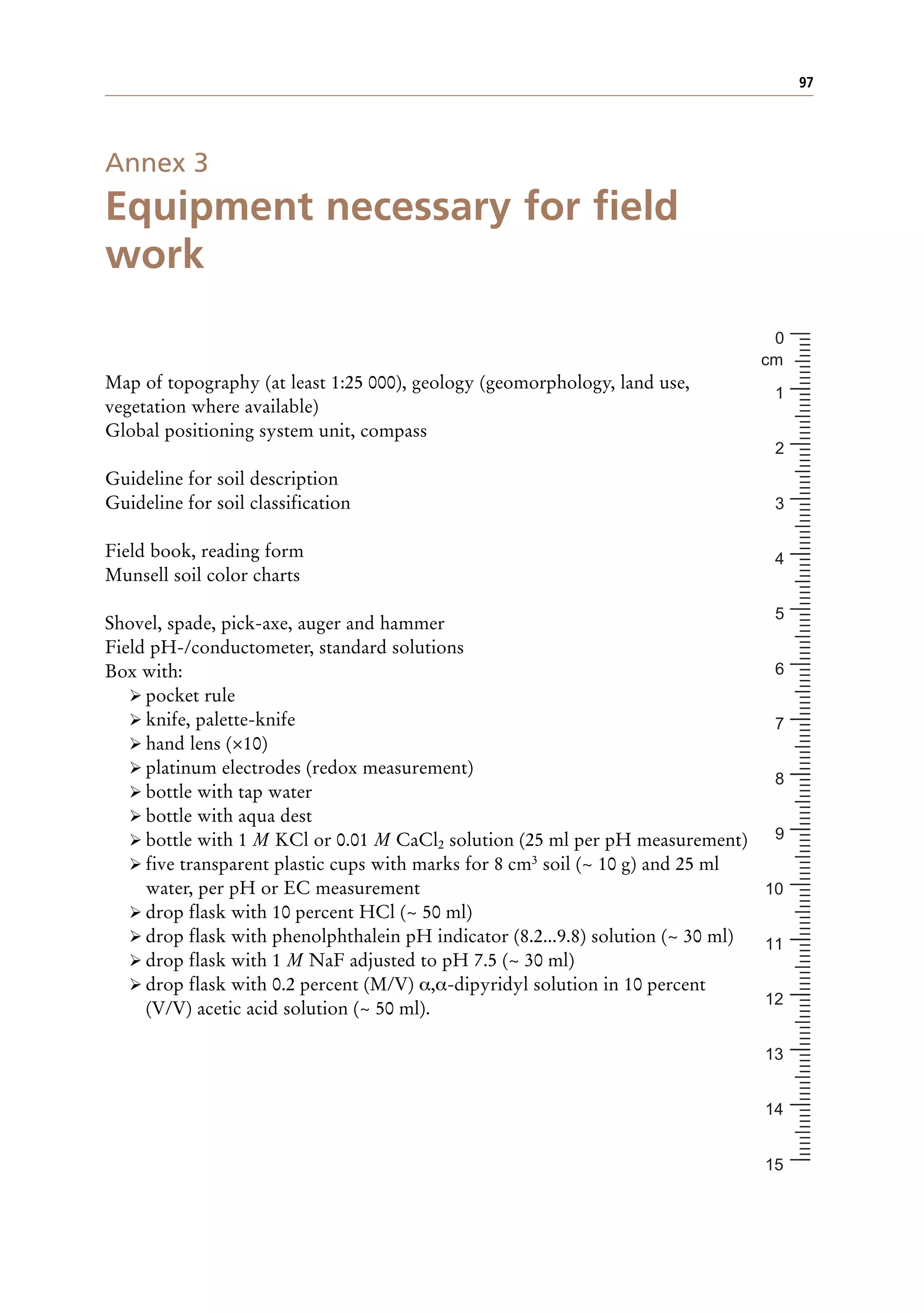 97
Annex 3
Equipment necessary for field
work
Map of topography (at least 1:25 000), geology (geomorphology, land use,
vegetation where available)
Global positioning system unit, compass
Guideline for soil description
Guideline for soil classification
Field book, reading form
Munsell soil color charts
Shovel, spade, pick-axe, auger and hammer
Field pH-/conductometer, standard solutions
Box with:
ÿ pocket rule
ÿ knife, palette-knife
ÿ hand lens (×10)
ÿ platinum electrodes (redox measurement)
ÿ bottle with tap water
ÿ bottle with aqua dest
ÿ bottle with 1 M KCl or 0.01 M CaCl2 solution (25 ml per pH measurement)
ÿ five transparent plastic cups with marks for 8 cm3 soil (~ 10 g) and 25 ml
water, per pH or EC measurement
ÿ drop flask with 10 percent HCl (~ 50 ml)
ÿ drop flask with phenolphthalein pH indicator (8.2...9.8) solution (~ 30 ml)
ÿ drop flask with 1 M NaF adjusted to pH 7.5 (~ 30 ml)
ÿ drop flask with 0.2 percent (M/V) α,α-dipyridyl solution in 10 percent
(V/V) acetic acid solution (~ 50 ml).
15
0
cm
1
2
3
4
5
6
7
8
9
10
11
12
13
14
 