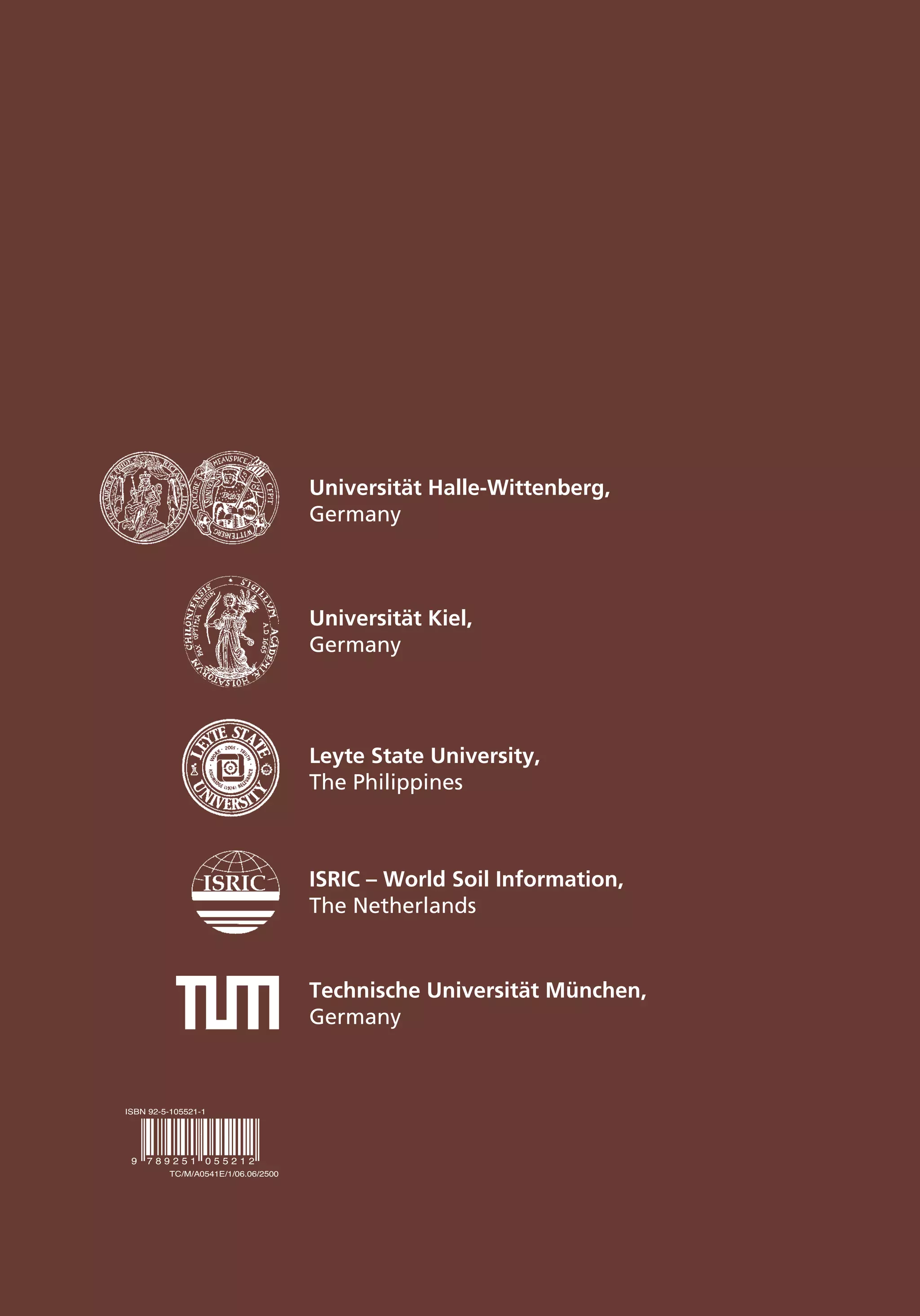 GUIDELINES FOR
SOIL DESCRIPTION
Universität Halle-Wittenberg,
Germany
Technische Universität München,
Germany
ISRIC – World Soil Information,
The Netherlands
Leyte State University,
The Philippines
Universität Kiel,
Germany
GUIDELINES
FOR
SOIL
DESCRIPTION
FAO
� � � � � � � � � � � � �
������������������������
������������������
 