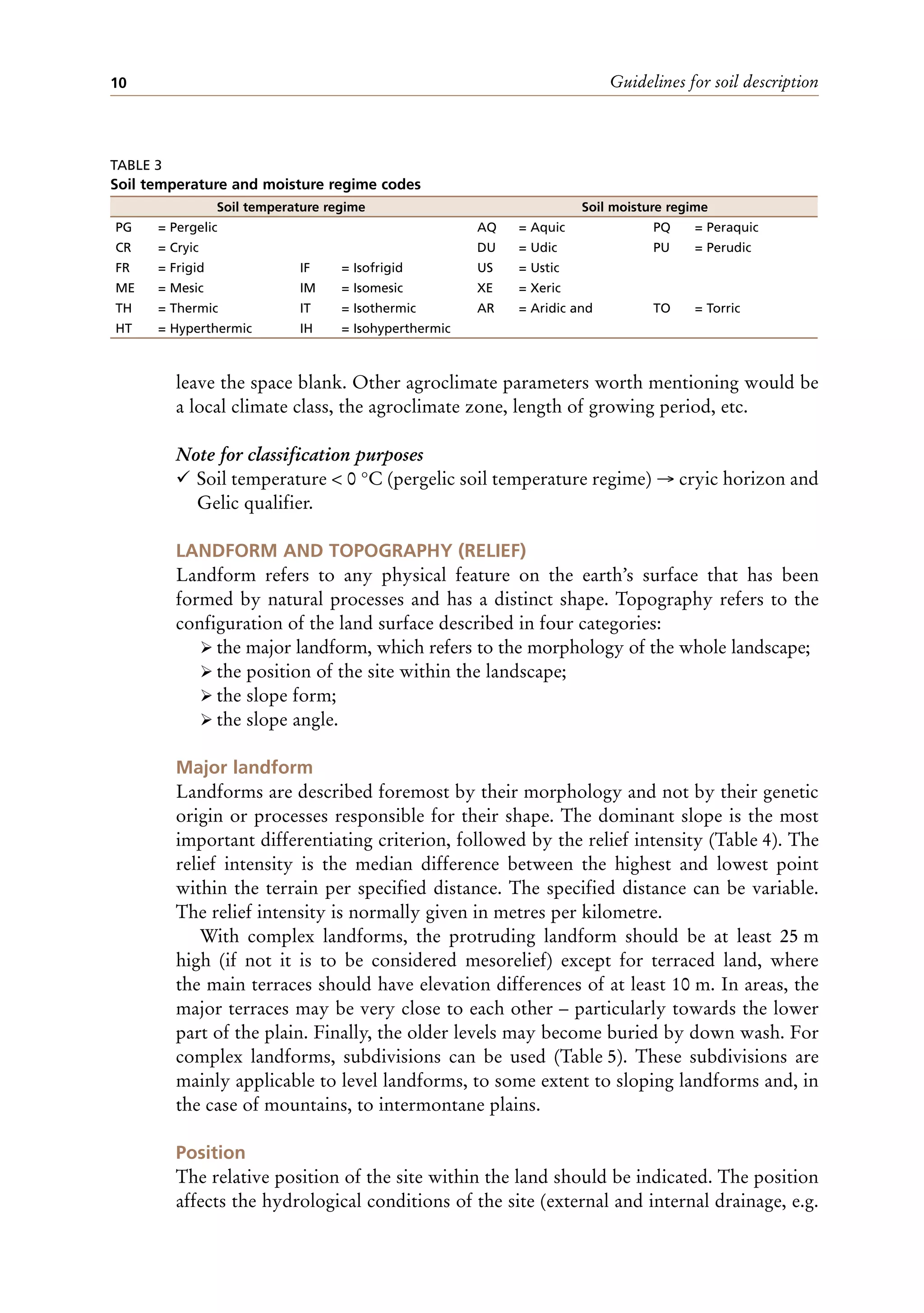 Guidelines for soil description
10
leave the space blank. Other agroclimate parameters worth mentioning would be
a local climate class, the agroclimate zone, length of growing period, etc.
Note for classification purposes
¸ Soil temperature < 0 °C (pergelic soil temperature regime) → cryic horizon and
Gelic qualifier.
LANDFORM AND TOPOGRAPHY (RELIEF)
Landform refers to any physical feature on the earth’s surface that has been
formed by natural processes and has a distinct shape. Topography refers to the
configuration of the land surface described in four categories:
ÿ the major landform, which refers to the morphology of the whole landscape;
ÿ the position of the site within the landscape;
ÿ the slope form;
ÿ the slope angle.
Major landform
Landforms are described foremost by their morphology and not by their genetic
origin or processes responsible for their shape. The dominant slope is the most
important differentiating criterion, followed by the relief intensity (Table 4). The
relief intensity is the median difference between the highest and lowest point
within the terrain per specified distance. The specified distance can be variable.
The relief intensity is normally given in metres per kilometre.
With complex landforms, the protruding landform should be at least 25 m
high (if not it is to be considered mesorelief) except for terraced land, where
the main terraces should have elevation differences of at least 10 m. In areas, the
major terraces may be very close to each other – particularly towards the lower
part of the plain. Finally, the older levels may become buried by down wash. For
complex landforms, subdivisions can be used (Table 5). These subdivisions are
mainly applicable to level landforms, to some extent to sloping landforms and, in
the case of mountains, to intermontane plains.
Position
The relative position of the site within the land should be indicated. The position
affects the hydrological conditions of the site (external and internal drainage, e.g.
TABLE 3
Soil temperature and moisture regime codes
Soil temperature regime Soil moisture regime
PG = Pergelic AQ = Aquic PQ = Peraquic
CR = Cryic DU = Udic PU = Perudic
FR = Frigid IF = Isofrigid US = Ustic
ME = Mesic IM = Isomesic XE = Xeric
TH = Thermic IT = Isothermic AR = Aridic and TO = Torric
HT = Hyperthermic IH = Isohyperthermic
 