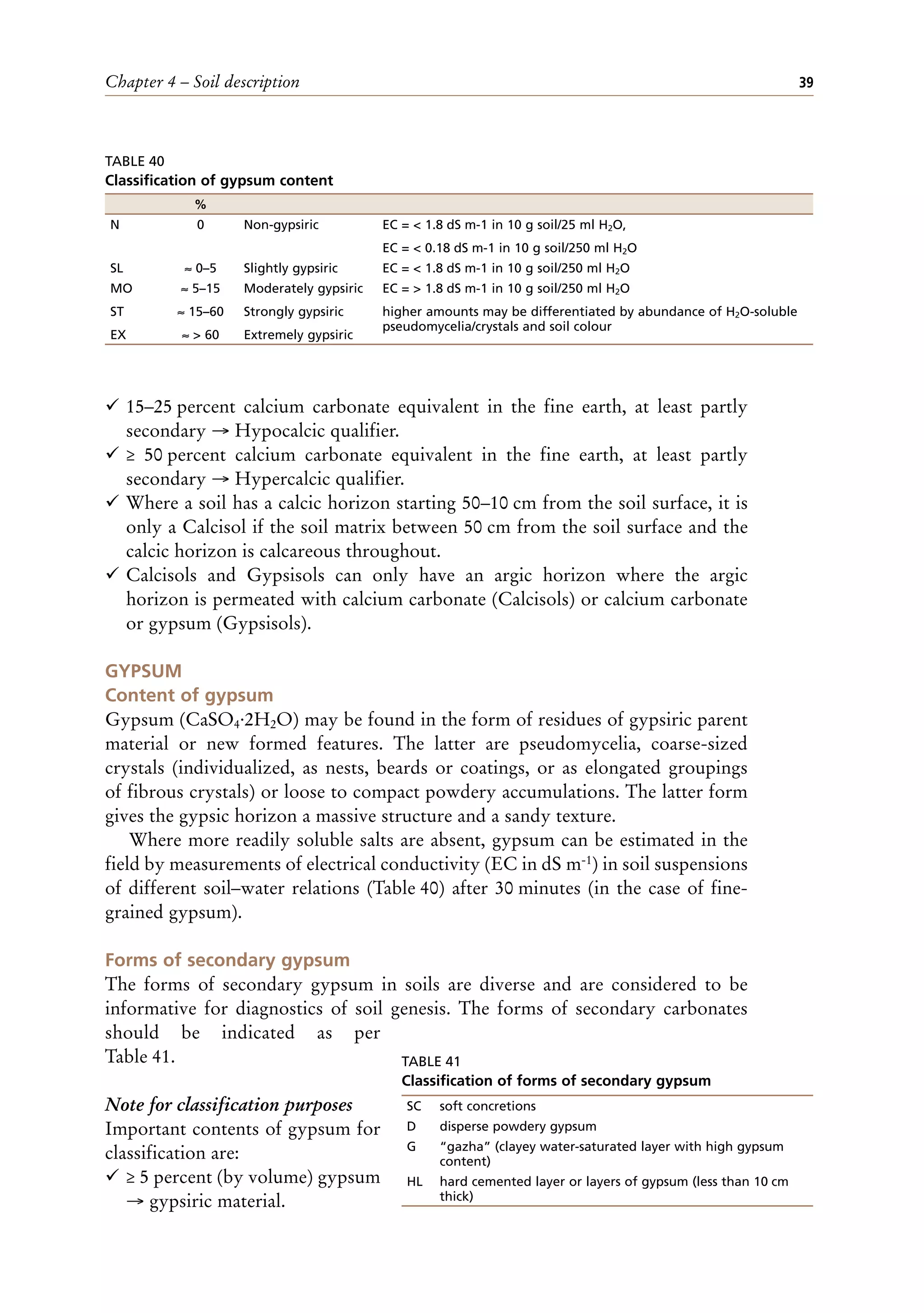 Chapter 4 – Soil description 39
¸ 15–25 percent calcium carbonate equivalent in the fine earth, at least partly
secondary → Hypocalcic qualifier.
¸ ≥ 50 percent calcium carbonate equivalent in the fine earth, at least partly
secondary → Hypercalcic qualifier.
¸ Where a soil has a calcic horizon starting 50–10 cm from the soil surface, it is
only a Calcisol if the soil matrix between 50 cm from the soil surface and the
calcic horizon is calcareous throughout.
¸ Calcisols and Gypsisols can only have an argic horizon where the argic
horizon is permeated with calcium carbonate (Calcisols) or calcium carbonate
or gypsum (Gypsisols).
GYPSUM
Content of gypsum
Gypsum (CaSO4·2H2O) may be found in the form of residues of gypsiric parent
material or new formed features. The latter are pseudomycelia, coarse-sized
crystals (individualized, as nests, beards or coatings, or as elongated groupings
of fibrous crystals) or loose to compact powdery accumulations. The latter form
gives the gypsic horizon a massive structure and a sandy texture.
Where more readily soluble salts are absent, gypsum can be estimated in the
field by measurements of electrical conductivity (EC in dS m-1) in soil suspensions
of different soil–water relations (Table 40) after 30 minutes (in the case of fine-
grained gypsum).
Forms of secondary gypsum
The forms of secondary gypsum in soils are diverse and are considered to be
informative for diagnostics of soil genesis. The forms of secondary carbonates
should be indicated as per
Table 41.
Note for classification purposes
Important contents of gypsum for
classification are:
¸ ≥ 5 percent (by volume) gypsum
→ gypsiric material.
TABLE 40
Classification of gypsum content
%
N 0 Non-gypsiric EC = < 1.8 dS m-1 in 10 g soil/25 ml H2O,
EC = < 0.18 dS m-1 in 10 g soil/250 ml H2O
SL ≈ 0–5 Slightly gypsiric EC = < 1.8 dS m-1 in 10 g soil/250 ml H2O
MO
ST
EX
≈ 5–15
≈ 15–60
≈ > 60
Moderately gypsiric
Strongly gypsiric
Extremely gypsiric
EC = > 1.8 dS m-1 in 10 g soil/250 ml H2O
higher amounts may be differentiated by abundance of H2O-soluble
pseudomycelia/crystals and soil colour
TABLE 41
Classification of forms of secondary gypsum
SC soft concretions
D disperse powdery gypsum
G “gazha” (clayey water-saturated layer with high gypsum
content)
HL hard cemented layer or layers of gypsum (less than 10 cm
thick)
 