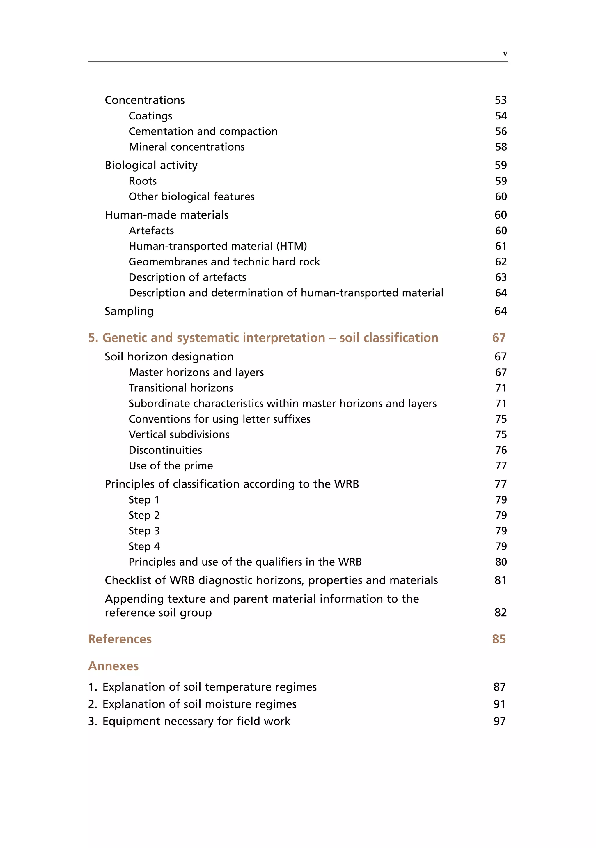 v
Concentrations 53
Coatings 54
Cementation and compaction 56
Mineral concentrations 58
Biological activity 59
Roots 59
Other biological features 60
Human-made materials 60
Artefacts 60
Human-transported material (HTM) 61
Geomembranes and technic hard rock 62
Description of artefacts 63
Description and determination of human-transported material 64
Sampling 64
5. Genetic and systematic interpretation – soil classification 67
Soil horizon designation 67
Master horizons and layers 67
Transitional horizons 71
Subordinate characteristics within master horizons and layers 71
Conventions for using letter suffixes 75
Vertical subdivisions 75
Discontinuities 76
Use of the prime 77
Principles of classification according to the WRB 77
Step 1 79
Step 2 79
Step 3 79
Step 4 79
Principles and use of the qualifiers in the WRB 80
Checklist of WRB diagnostic horizons, properties and materials 81
Appending texture and parent material information to the
reference soil group 82
References 85
Annexes
1. Explanation of soil temperature regimes 87
2. Explanation of soil moisture regimes 91
3. Equipment necessary for field work 97
 