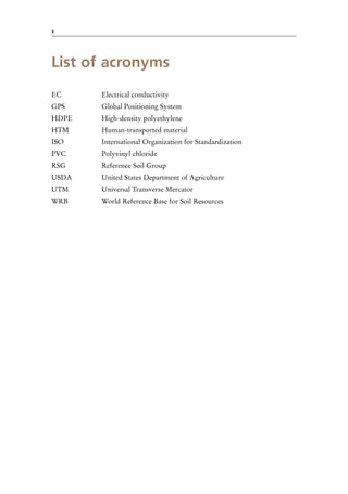 x
List of acronyms
EC Electrical conductivity
GPS Global Positioning System
HDPE High-density polyethylene
HTM Human-transported material
ISO International Organization for Standardization
PVC Polyvinyl chloride
RSG Reference Soil Group
USDA United States Department of Agriculture
UTM Universal Transverse Mercator
WRB World Reference Base for Soil Resources
 