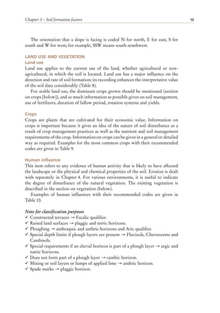 Chapter 3 – Soil formation factors 13
The orientation that a slope is facing is coded N for north, E for east, S for
south and W for west; for example, SSW means south-southwest.
LAND USE AND VEGETATION
Land use
Land use applies to the current use of the land, whether agricultural or non-
agricultural, in which the soil is located. Land use has a major influence on the
direction and rate of soil formation; its recording enhances the interpretative value
of the soil data considerably (Table 8).
For arable land use, the dominant crops grown should be mentioned (section
on crops [below]), and as much information as possible given on soil management,
use of fertilizers, duration of fallow period, rotation systems and yields.
Crops
Crops are plants that are cultivated for their economic value. Information on
crops is important because it gives an idea of the nature of soil disturbance as a
result of crop management practices as well as the nutrient and soil management
requirements of the crop. Information on crops can be given in a general or detailed
way as required. Examples for the most common crops with their recommended
codes are given in Table 9.
Human influence
This item refers to any evidence of human activity that is likely to have affected
the landscape or the physical and chemical properties of the soil. Erosion is dealt
with separately in Chapter 4. For various environments, it is useful to indicate
the degree of disturbance of the natural vegetation. The existing vegetation is
described in the section on vegetation (below).
Examples of human influences with their recommended codes are given in
Table 10.
Note for classification purposes
¸ Constructed terraces → Escalic qualifier.
¸ Raised land surfaces → plaggic and terric horizons.
¸ Ploughing → anthraquic and anthric horizons and Aric qualifier.
¸ Special depth limits if plough layers are present → Fluvisols, Chernozems and
Cambisols.
¸ Special requirements if an eluvial horizon is part of a plough layer → argic and
natric horizons.
¸ Does not form part of a plough layer → cambic horizon.
¸ Mixing or soil layers or lumps of applied lime → anthric horizon.
¸ Spade marks → plaggic horizon.
 