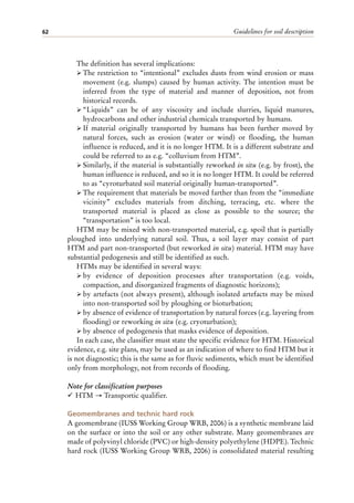 Guidelines for soil description
62
The definition has several implications:
ÿ The restriction to “intentional” excludes dusts from wind erosion or mass
movement (e.g. slumps) caused by human activity. The intention must be
inferred from the type of material and manner of deposition, not from
historical records.
ÿ “Liquids” can be of any viscosity and include slurries, liquid manures,
hydrocarbons and other industrial chemicals transported by humans.
ÿ If material originally transported by humans has been further moved by
natural forces, such as erosion (water or wind) or flooding, the human
influence is reduced, and it is no longer HTM. It is a different substrate and
could be referred to as e.g. “colluvium from HTM”.
ÿ Similarly, if the material is substantially reworked in situ (e.g. by frost), the
human influence is reduced, and so it is no longer HTM. It could be referred
to as “cyroturbated soil material originally human-transported”.
ÿ The requirement that materials be moved farther than from the “immediate
vicinity” excludes materials from ditching, terracing, etc. where the
transported material is placed as close as possible to the source; the
“transportation” is too local.
HTM may be mixed with non-transported material, e.g. spoil that is partially
ploughed into underlying natural soil. Thus, a soil layer may consist of part
HTM and part non-transported (but reworked in situ) material. HTM may have
substantial pedogenesis and still be identified as such.
HTMs may be identified in several ways:
ÿ by evidence of deposition processes after transportation (e.g. voids,
compaction, and disorganized fragments of diagnostic horizons);
ÿ by artefacts (not always present), although isolated artefacts may be mixed
into non-transported soil by ploughing or bioturbation;
ÿ by absence of evidence of transportation by natural forces (e.g. layering from
flooding) or reworking in situ (e.g. cryoturbation);
ÿ by absence of pedogenesis that masks evidence of deposition.
In each case, the classifier must state the specific evidence for HTM. Historical
evidence, e.g. site plans, may be used as an indication of where to find HTM but it
is not diagnostic; this is the same as for fluvic sediments, which must be identified
only from morphology, not from records of flooding.
Note for classification purposes
¸ HTM → Transportic qualifier.
Geomembranes and technic hard rock
A geomembrane (IUSS Working Group WRB, 2006) is a synthetic membrane laid
on the surface or into the soil or any other substrate. Many geomembranes are
made of polyvinyl chloride (PVC) or high-density polyethylene (HDPE). Technic
hard rock (IUSS Working Group WRB, 2006) is consolidated material resulting
 
