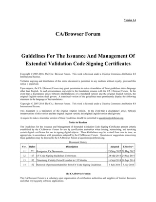 Version 1.4
CA/Browser Forum
Guidelines For The Issuance And Management Of
Extended Validation Code Signing Certificates
Copyright © 2007-2016, The CA / Browser Forum. This work is licensed under a Creative Commons Attribution 4.0
International license.
Verbatim copying and distribution of this entire document is permitted in any medium without royalty, provided this
notice is preserved.
Upon request, the CA / Browser Forum may grant permission to make a translation of these guidelines into a language
other than English. In such circumstance, copyright in the translation remains with the CA / Browser Forum. In the
event that a discrepancy arises between interpretations of a translated version and the original English version, the
original English version shall govern. A translated version of the guidelines must prominently display the following
statement in the language of the translation:-
'Copyright © 2007-2016 The CA / Browser Forum. This work is licensed under a Creative Commons Attribution 4.0
International license.
This document is a translation of the original English version. In the event that a discrepancy arises between
interpretations of this version and the original English version, the original English version shall govern.'
A request to make a translated version of these Guidelines should be submitted to questions@cabforum.org.
Notice to Readers
The Guidelines for the Issuance and Management of Extended Validation Code Signing Certificates present criteria
established by the CA/Browser Forum for use by certification authorities when issuing, maintaining, and revoking
certain digital certificates for use in signing digital objects. These Guidelines may be revised from time to time, as
appropriate, in accordance with procedures adopted by the CA/Browser Forum. Questions or suggestions concerning
these guidelines may be directed to the CA/Browser Forum at questions@cabforum.org.
Document History
Ver. Ballot Description Adopted Effective*
1.1 72 Reorganize EV Documents 29 May 2012 29 May 2012
1.2 117 EV Code Signing Guidelines Corrections 24 Mar 2014 24 Mar 2014
1.3 132 Timestamp Validity Period Extended to 135 Months 16 Sept 2014 16 Sept 2014
1.4 172 Removal of permanentIdentifier from EV Code Signing Guidelines 5 July 2016 5 July 2016
The CA/Browser Forum
The CA/Browser Forum is a voluntary open organization of certification authorities and suppliers of Internet browsers
and other relying-party software applications.
 