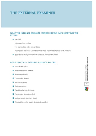 THE EXTERNAL EXAMINER




WHAT THE INTERNAL ASSESSOR (TUTOR) SHOULD HAVE READY FOR THE
EXTERN

    Portfolios:

    • displayed per module

    • in alphabetical order per candidate

    • completed Individual Candidate Mark-sheet attached to front of each portfolio

    All evidence clearly marked with candidate name and number




                                                                                      GUIDELINES FOR TUTORS ON PROGRAMMES
GOOD PRACTICE – INTERNAL ASSESSOR FOLDER




                                                                                                   LEADING TO FETAC AWARDS
    Module Descriptor

    Assessment Grid/Checklist

    Assessment Brief(s)

    Examination paper(s)

    Marking Schemes
                                                                                             13
    Outline solutions

    Candidate Receipts/Logbook

    Examination Attendance Roll

    Module Results Summary Sheet

    Approval Forms (for locally developed modules)
 