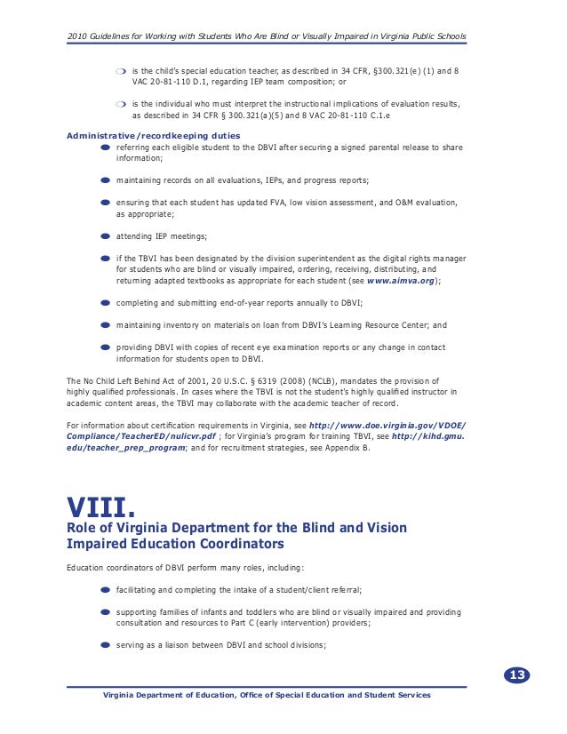 Guidelines for working with student who are blind or visually impaired