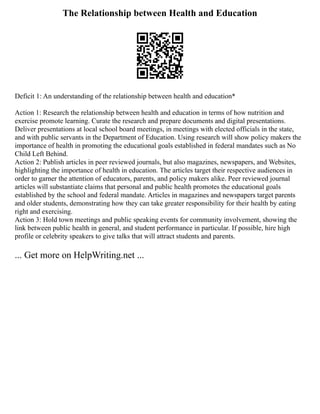 The Relationship between Health and Education
Deficit 1: An understanding of the relationship between health and education*
Action 1: Research the relationship between health and education in terms of how nutrition and
exercise promote learning. Curate the research and prepare documents and digital presentations.
Deliver presentations at local school board meetings, in meetings with elected officials in the state,
and with public servants in the Department of Education. Using research will show policy makers the
importance of health in promoting the educational goals established in federal mandates such as No
Child Left Behind.
Action 2: Publish articles in peer reviewed journals, but also magazines, newspapers, and Websites,
highlighting the importance of health in education. The articles target their respective audiences in
order to garner the attention of educators, parents, and policy makers alike. Peer reviewed journal
articles will substantiate claims that personal and public health promotes the educational goals
established by the school and federal mandate. Articles in magazines and newspapers target parents
and older students, demonstrating how they can take greater responsibility for their health by eating
right and exercising.
Action 3: Hold town meetings and public speaking events for community involvement, showing the
link between public health in general, and student performance in particular. If possible, hire high
profile or celebrity speakers to give talks that will attract students and parents.
... Get more on HelpWriting.net ...
 