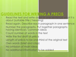 Comprehensive Guidelines and Exercises for Writing Effective Précis | PPT