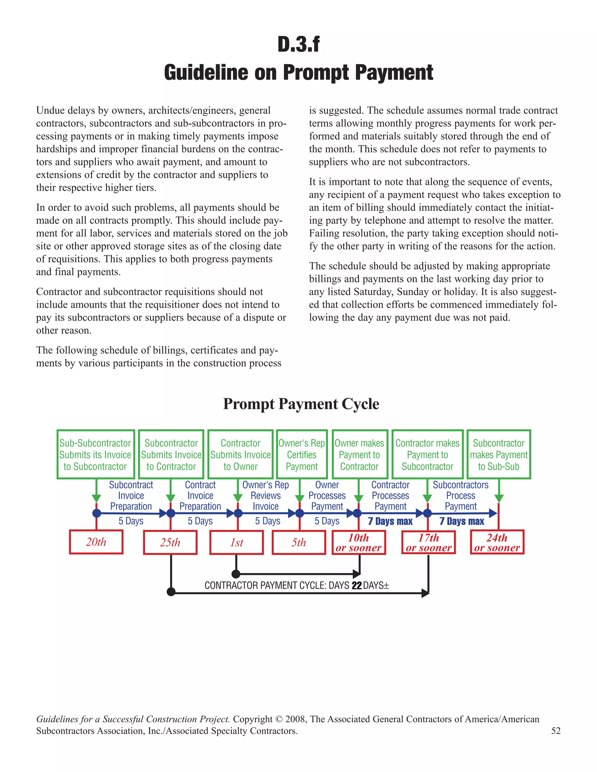 D.3.f
                              Guideline on Prompt Payment
Undue delays by owners, architects/engineers, general             is suggested. The schedule assumes normal trade contract
contractors, subcontractors and sub-subcontractors in pro-        terms allowing monthly progress payments for work per-
cessing payments or in making timely payments impose              formed and materials suitably stored through the end of
hardships and improper financial burdens on the contrac-          the month. This schedule does not refer to payments to
tors and suppliers who await payment, and amount to               suppliers who are not subcontractors.
extensions of credit by the contractor and suppliers to
                                                                  It is important to note that along the sequence of events,
their respective higher tiers.
                                                                  any recipient of a payment request who takes exception to
In order to avoid such problems, all payments should be           an item of billing should immediately contact the initiat-
made on all contracts promptly. This should include pay-          ing party by telephone and attempt to resolve the matter.
ment for all labor, services and materials stored on the job      Failing resolution, the party taking exception should noti-
site or other approved storage sites as of the closing date       fy the other party in writing of the reasons for the action.
of requisitions. This applies to both progress payments
                                                                  The schedule should be adjusted by making appropriate
and final payments.
                                                                  billings and payments on the last working day prior to
Contractor and subcontractor requisitions should not              any listed Saturday, Sunday or holiday. It is also suggest-
include amounts that the requisitioner does not intend to         ed that collection efforts be commenced immediately fol-
pay its subcontractors or suppliers because of a dispute or       lowing the day any payment due was not paid.
other reason.
The following schedule of billings, certificates and pay-
ments by various participants in the construction process




                                                                           10th             17th             24th
                                                                                 7 Days max      7 Days max

                                                                        or sooner        or sooner        or sooner


                                                                            22




Guidelines for a Successful Construction Project. Copyright © 2008, The Associated General Contractors of America/American
Subcontractors Association, Inc./Associated Specialty Contractors.                                                           52
 