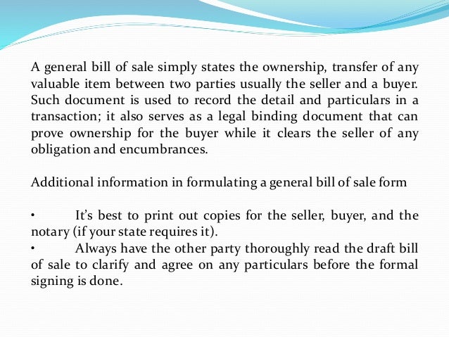 guidelines in drafting a general bill of sale form