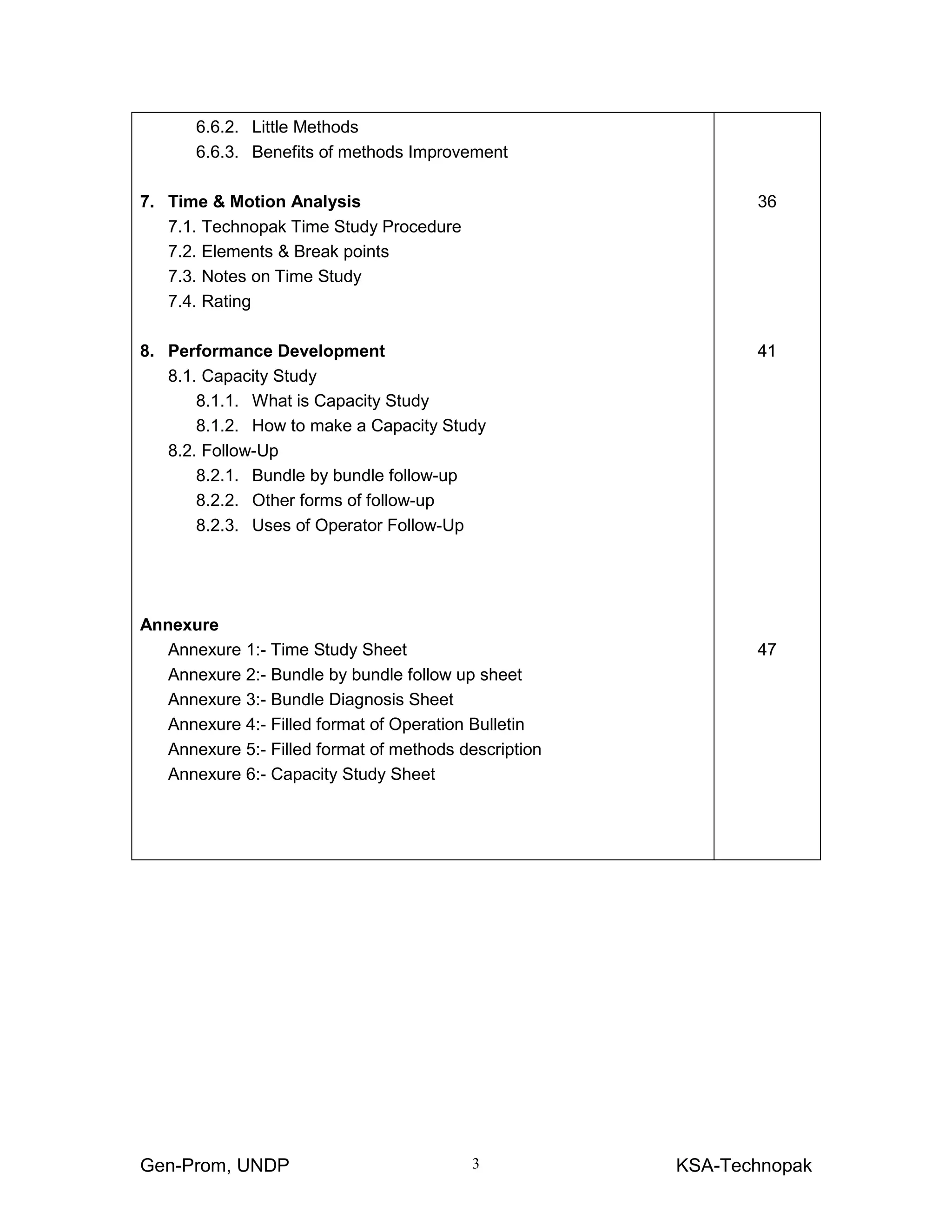 Gen-Prom, UNDP KSA-Technopak3
6.6.2. Little Methods
6.6.3. Benefits of methods Improvement
7. Time & Motion Analysis
7.1. Technopak Time Study Procedure
7.2. Elements & Break points
7.3. Notes on Time Study
7.4. Rating
8. Performance Development
8.1. Capacity Study
8.1.1. What is Capacity Study
8.1.2. How to make a Capacity Study
8.2. Follow-Up
8.2.1. Bundle by bundle follow-up
8.2.2. Other forms of follow-up
8.2.3. Uses of Operator Follow-Up
Annexure
Annexure 1:- Time Study Sheet
Annexure 2:- Bundle by bundle follow up sheet
Annexure 3:- Bundle Diagnosis Sheet
Annexure 4:- Filled format of Operation Bulletin
Annexure 5:- Filled format of methods description
Annexure 6:- Capacity Study Sheet
36
41
47
 