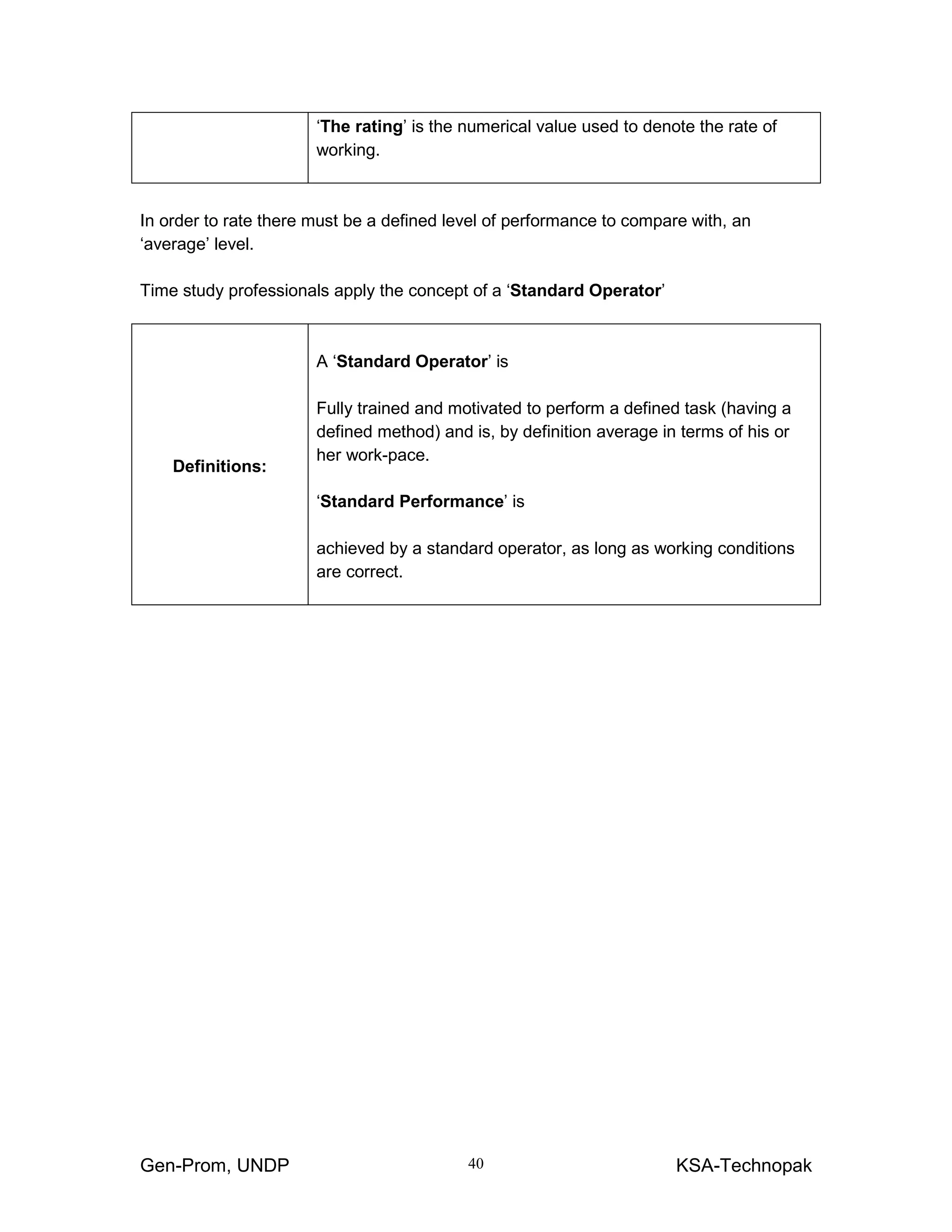 Gen-Prom, UNDP KSA-Technopak40
‘The rating’ is the numerical value used to denote the rate of
working.
In order to rate there must be a defined level of performance to compare with, an
‘average’ level.
Time study professionals apply the concept of a ‘Standard Operator’
Definitions:
A ‘Standard Operator’ is
Fully trained and motivated to perform a defined task (having a
defined method) and is, by definition average in terms of his or
her work-pace.
‘Standard Performance’ is
achieved by a standard operator, as long as working conditions
are correct.
 