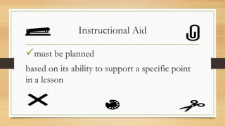 Instructional Aid
must be planned
based on its ability to support a specific point
in a lesson
 