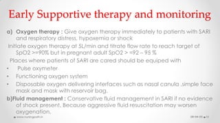 Early Supportive therapy and monitoring
a) Oxygen therapy : Give oxygen therapy immediately to patients with SARI
and resp...