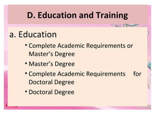 D. Education and Training
a. Education
• Complete Academic Requirements or
Master’s Degree
• Master’s Degree
• Complete Ac...