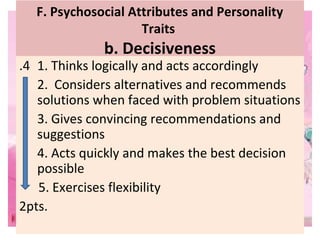 F. Psychosocial Attributes and Personality
Traits
b. Decisiveness
.4 1. Thinks logically and acts accordingly
2. Considers...