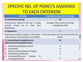 SPECIFIC NO. OF POINT/S ASSIGNED
TO EACH CRITERION
CRITERIA TEACHING & RELATED TEACHING
A. Performance Rating 35
Performan...
