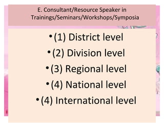 E. Consultant/Resource Speaker in
Trainings/Seminars/Workshops/Symposia
•(1) District level
•(2) Division level
•(3) Regio...