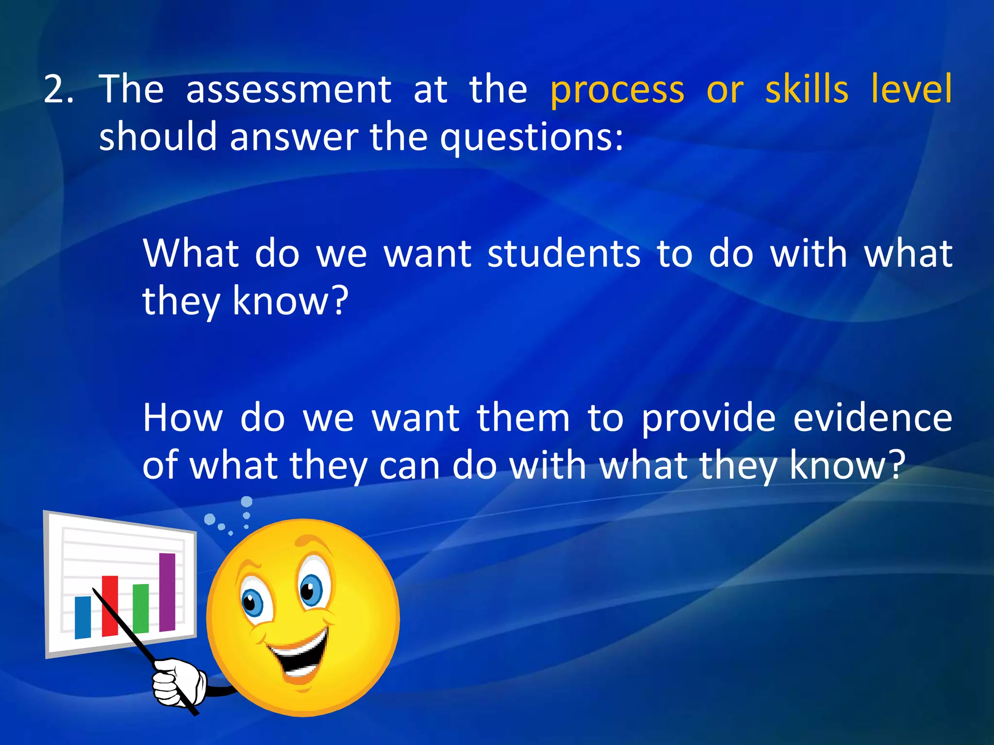 2. The assessment at the process or skills level
should answer the questions:
What do we want students to do with what
they know?
How do we want them to provide evidence
of what they can do with what they know?

 