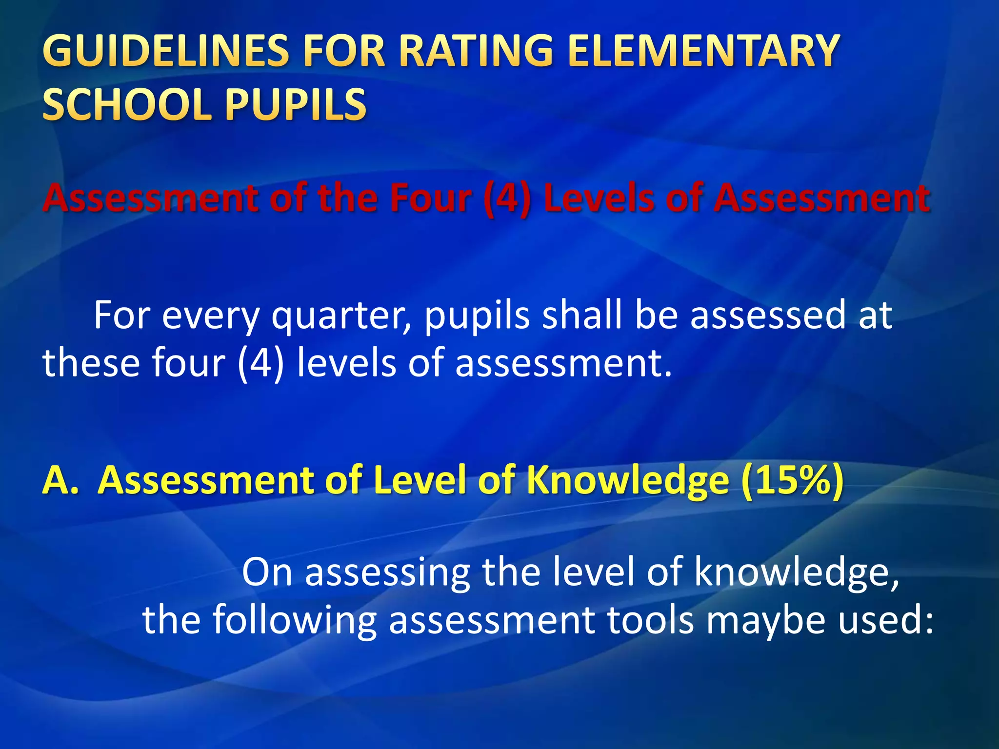 Assessment of the Four (4) Levels of Assessment
For every quarter, pupils shall be assessed at
these four (4) levels of assessment.
A. Assessment of Level of Knowledge (15%)

On assessing the level of knowledge,
the following assessment tools maybe used:

 