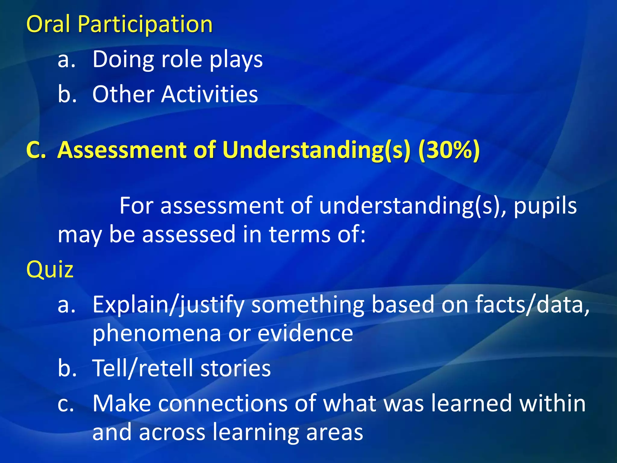 Oral Participation
a. Doing role plays
b. Other Activities
C. Assessment of Understanding(s) (30%)
For assessment of understanding(s), pupils
may be assessed in terms of:
Quiz
a. Explain/justify something based on facts/data,
phenomena or evidence
b. Tell/retell stories
c. Make connections of what was learned within
and across learning areas

 