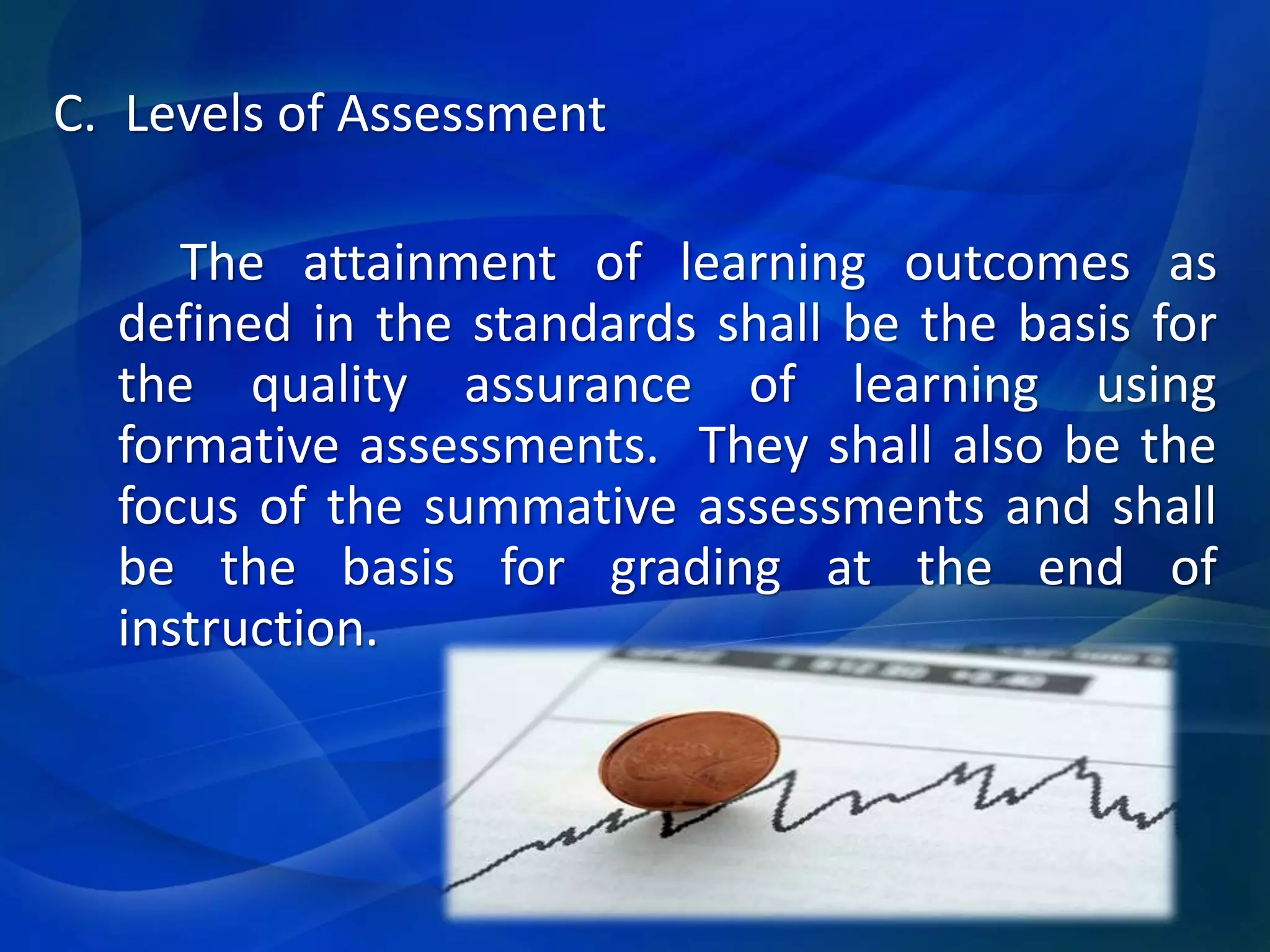 C. Levels of Assessment

The attainment of learning outcomes as
defined in the standards shall be the basis for
the quality assurance of learning using
formative assessments. They shall also be the
focus of the summative assessments and shall
be the basis for grading at the end of
instruction.

 