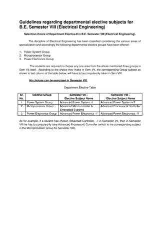 Guidelines regarding departmental elective subjects for
B.E. Semester VIII (Electrical Engineering)
Selection/choice of Department Elective-II in B.E. Semester VIII (Electrical Engineering).
The discipline of Electrical Engineering has been classified considering the various areas of
specialization and accordingly the following departmental elective groups have been offered:
1. Power System Group
2. Microprocessor Group
3. Power Electronics Group
The students are required to choose any one area from the above mentioned three groups in
Sem VII itself. According to the choice they make in Sem VII, the corresponding Group subject as
shown in last column of the table below, will have to be compulsorily taken in Sem VIII.
No choices can be exercised in Semester VIII.
Department Elective Table
Sr.
No.
Elective Group Semester VII –
Elective Subject Name
Semester VIII –
Elective Subject Name
1 Power System Group Advanced Power System - I Advanced Power System – II
2 Microprocessor Group Advanced Microcontroller &
Embedded Systems
Advanced Processor & Controller
3 Power Electronics Group Advanced Power Electronics - I Advanced Power Electronics - II
As for example, if a student has chosen Advanced Controller – I in Semester VII, then in Semester
VIII he has to compulsorily take Advanced Processor& Controller (which is the corresponding subject
in the Microprocessor Group for Semester VIII).
 