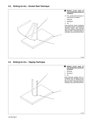 3-3. Striking An Arc − Scratch Start Technique

                                                         !   Welding current starts as
                                                             soon as electrode touches the
                                                             workpiece.

                                                         . The     scratch-start technique is
                                                             preferred for ac welding.
                                           1
                                                         1   Electrode
                                                         2   Workpiece
                                                         3   Arc
                                                         Drag electrode across workpiece
                                                         like striking a match; immediately lift
                                                         electrode slightly after touching
                                                         work. If arc goes out, electrode was
                                                         lifted too high. If electrode sticks to
                                                         workpiece, use a quick twist to free it.

                                                     2




                                                 3




                                                                                           S-0049




3-4. Striking An Arc − Tapping Technique

                                                         !   Welding current starts as
                                                             soon as electrode touches the
                                                             workpiece.
                                                         1   Electrode
                                                         2   Workpiece
                                           1
                                                         3   Arc
                                                         Bring electrode straight down to
                                                         workpiece; then lift slightly to start
                                                         arc. If arc goes out, electrode was
                                                         lifted too high. If electrode sticks to
                                                         workpiece, use a quick twist to free it.




                                                     2




                                                 3




                                                                                           S-0049



155 095 Page 8
 