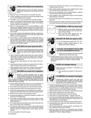 D Remove stick electrode from holder or cut off welding wire at
                  FUMES AND GASES can be hazardous.                            contact tip when not in use.
                                                                             D Wear oil-free protective garments such as leather gloves, heavy
                  Welding produces fumes and gases. Breathing                  shirt, cuffless trousers, high shoes, and a cap.
                  these fumes and gases can be hazardous to your
                  health.                                                    D Remove any combustibles, such as a butane lighter or matches,
                                                                               from your person before doing any welding.
D Keep your head out of the fumes. Do not breathe the fumes.
                                                                             D After completion of work, inspect area to ensure it is free of sparks,
D If inside, ventilate the area and/or use local forced ventilation at the     glowing embers, and flames.
  arc to remove welding fumes and gases.
                                                                             D Use only correct fuses or circuit breakers. Do not oversize or by-
D If ventilation is poor, wear an approved air-supplied respirator.            pass them.
D Read and understand the Material Safety Data Sheets (MSDSs)                D Follow requirements in OSHA 1910.252 (a) (2) (iv) and NFPA 51B
  and the manufacturer’s instructions for metals, consumables,                 for hot work and have a fire watcher and extinguisher nearby.
  coatings, cleaners, and degreasers.
D Work in a confined space only if it is well ventilated, or while                            FLYING METAL or DIRT can injure eyes.
  wearing an air-supplied respirator. Always have a trained watch-
  person nearby. Welding fumes and gases can displace air and                                  D Welding, chipping, wire brushing, and grinding
  lower the oxygen level causing injury or death. Be sure the breath-                            cause sparks and flying metal. As welds cool,
  ing air is safe.                                                                               they can throw off slag.
D Do not weld in locations near degreasing, cleaning, or spraying op-                          D Wear approved safety glasses with side
  erations. The heat and rays of the arc can react with vapors to form                           shields even under your welding helmet.
  highly toxic and irritating gases.
D Do not weld on coated metals, such as galvanized, lead, or
  cadmium plated steel, unless the coating is removed from the weld                           BUILDUP OF GAS can injure or kill.
  area, the area is well ventilated, and while wearing an air-supplied
  respirator. The coatings and any metals containing these elements                            D Shut off shielding gas supply when not in use.
  can give off toxic fumes if welded.                                                          D Always ventilate confined spaces or use
                                                                                                 approved air-supplied respirator.
                  ARC RAYS can burn eyes and skin.

                  Arc rays from the welding process produce intense
                                                                                                ELECTRIC AND MAGNETIC FIELDS (EMF)
                  visible and invisible (ultraviolet and infrared) rays                         can affect ImplantedMedical Devices.
                  that can burn eyes and skin. Sparks fly off from the
                  weld.                                                                          D Wearers of Pacemakers and other Implanted
 D Wear an approved welding helmet fitted with a proper shade of                                   Medical Devices should keep away.
   filter lenses to protect your face and eyes from arc rays and               D Implanted Medical Device wearers should consult their doctor
   sparks when welding or watching (see ANSI Z49.1 and Z87.1                     and the device manufacturer before going near arc welding, spot
   listed in Safety Standards).                                                  welding, gouging, plasma arc cutting, or induction heating
 D Wear approved safety glasses with side shields under your                     operations.
   helmet.
 D Use protective screens or barriers to protect others from flash,                           NOISE can damage hearing.
   glare and sparks; warn others not to watch the arc.
 D Wear protective clothing made from durable, flame-resistant                                Noise from some processes or equipment can
   material (leather, heavy cotton, or wool) and foot protection.                             damage hearing.

                  WELDING can cause fire or explosion.                                         D Wear approved ear protection if noise level is
                                                                                                 high.
                Welding on closed containers, such as tanks,
                drums, or pipes, can cause them to blow up. Sparks
                can fly off from the welding arc. The flying sparks, hot                      CYLINDERS can explode if damaged.
                workpiece, and hot equipment can cause fires and
burns. Accidental contact of electrode to metal objects can cause                             Shielding gas cylinders contain gas under high
sparks, explosion, overheating, or fire. Check and be sure the area is                        pressure. If damaged, a cylinder can explode. Since
safe before doing any welding.                                                                gas cylinders are normally part of the welding
                                                                                              process, be sure to treat them carefully.
D Remove all flammables within 35 ft (10.7 m) of the welding arc. If
  this is not possible, tightly cover them with approved covers.             D Protect compressed gas cylinders from excessive heat, mechani-
D Do not weld where flying sparks can strike flammable material.               cal shocks, physical damage, slag, open flames, sparks, and arcs.
                                                                             D Install cylinders in an upright position by securing to a stationary
D Protect yourself and others from flying sparks and hot metal.
                                                                               support or cylinder rack to prevent falling or tipping.
D Be alert that welding sparks and hot materials from welding can            D Keep cylinders away from any welding or other electrical circuits.
  easily go through small cracks and openings to adjacent areas.
                                                                             D Never drape a welding torch over a gas cylinder.
D Watch for fire, and keep a fire extinguisher nearby.                       D Never allow a welding electrode to touch any cylinder.
D Be aware that welding on a ceiling, floor, bulkhead, or partition can      D Never weld on a pressurized cylinder − explosion will result.
  cause fire on the hidden side.                                             D Use only correct shielding gas cylinders, regulators, hoses, and fit-
D Do not weld on closed containers such as tanks, drums, or pipes,             tings designed for the specific application; maintain them and
  unless they are properly prepared according to AWS F4.1 (see                 associated parts in good condition.
  Safety Standards).                                                         D Turn face away from valve outlet when opening cylinder valve.
D Do not weld where the atmosphere may contain flammable dust,               D Keep protective cap in place over valve except when cylinder is in
  gas, or liquid vapors (such as gasoline).                                    use or connected for use.
D Connect work cable to the work as close to the welding area as             D Use the right equipment, correct procedures, and sufficient num-
  practical to prevent welding current from traveling long, possibly           ber of persons to lift and move cylinders.
  unknown paths and causing electric shock, sparks, and fire                 D Read and follow instructions on compressed gas cylinders,
  hazards.                                                                     associated equipment, and Compressed Gas Association (CGA)
D Do not use welder to thaw frozen pipes.                                      publication P-1 listed in Safety Standards.
155 095 Page 2
 