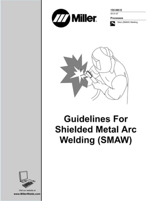 Processes
Stick (SMAW) Welding
155 095 E
2013−07
Guidelines For
Shielded Metal Arc
Welding (SMAW)
Visit our website at
www.MillerWelds.com
 