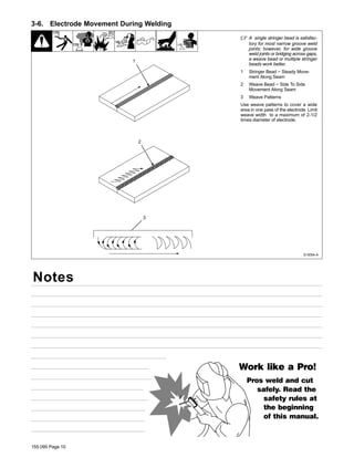 155 095 Page 10
3-6. Electrode Movement During Welding
. A single stringer bead is satisfac-
tory for most narrow groove weld
joints; however, for wide groove
weld joints or bridging across gaps,
a weave bead or multiple stringer
beads work better.
1 Stringer Bead − Steady Move-
ment Along Seam
2 Weave Bead − Side To Side
Movement Along Seam
3 Weave Patterns
Use weave patterns to cover a wide
area in one pass of the electrode. Limit
weave width to a maximum of 2-1/2
times diameter of electrode.
S-0054-A
1
2
3
Notes
Work like a Pro!
Pros weld and cut
safely. Read the
safety rules at
the beginning
of this manual.
 