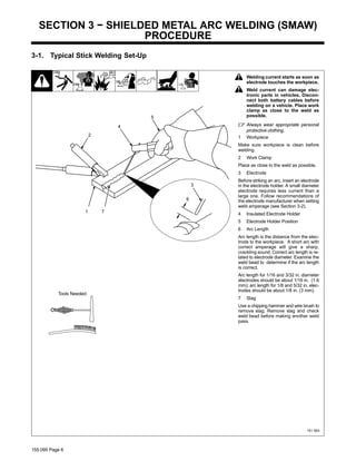 155 095 Page 6
SECTION 3 − SHIELDED METAL ARC WELDING (SMAW)
PROCEDURE
3-1. Typical Stick Welding Set-Up
! Welding current starts as soon as
electrode touches the workpiece.
! Weld current can damage elec-
tronic parts in vehicles. Discon-
nect both battery cables before
welding on a vehicle. Place work
clamp as close to the weld as
possible.
. Always wear appropriate personal
protective clothing.
1 Workpiece
Make sure workpiece is clean before
welding.
2 Work Clamp
Place as close to the weld as possible.
3 Electrode
Before striking an arc, insert an electrode
in the electrode holder. A small diameter
electrode requires less current than a
large one. Follow recommendations of
the electrode manufacturer when setting
weld amperage (see Section 3-2).
4 Insulated Electrode Holder
5 Electrode Holder Position
6 Arc Length
Arc length is the distance from the elec-
trode to the workpiece. A short arc with
correct amperage will give a sharp,
crackling sound. Correct arc length is re-
lated to electrode diameter. Examine the
weld bead to determine if the arc length
is correct.
Arc length for 1/16 and 3/32 in. diameter
electrodes should be about 1/16 in. (1.6
mm); arc length for 1/8 and 5/32 in. elec-
trodes should be about 1/8 in. (3 mm).
7 Slag
Use a chipping hammer and wire brush to
remove slag. Remove slag and check
weld bead before making another weld
pass.
151 593
1
4
3
5
2
Tools Needed:
7
6
 