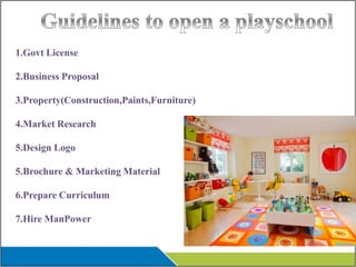 1.Govt License
2.Business Proposal
3.Property(Construction,Paints,Furniture)
4.Market Research
5.Design Logo
5.Brochure & Marketing Material
6.Prepare Curriculum
7.Hire ManPower
 